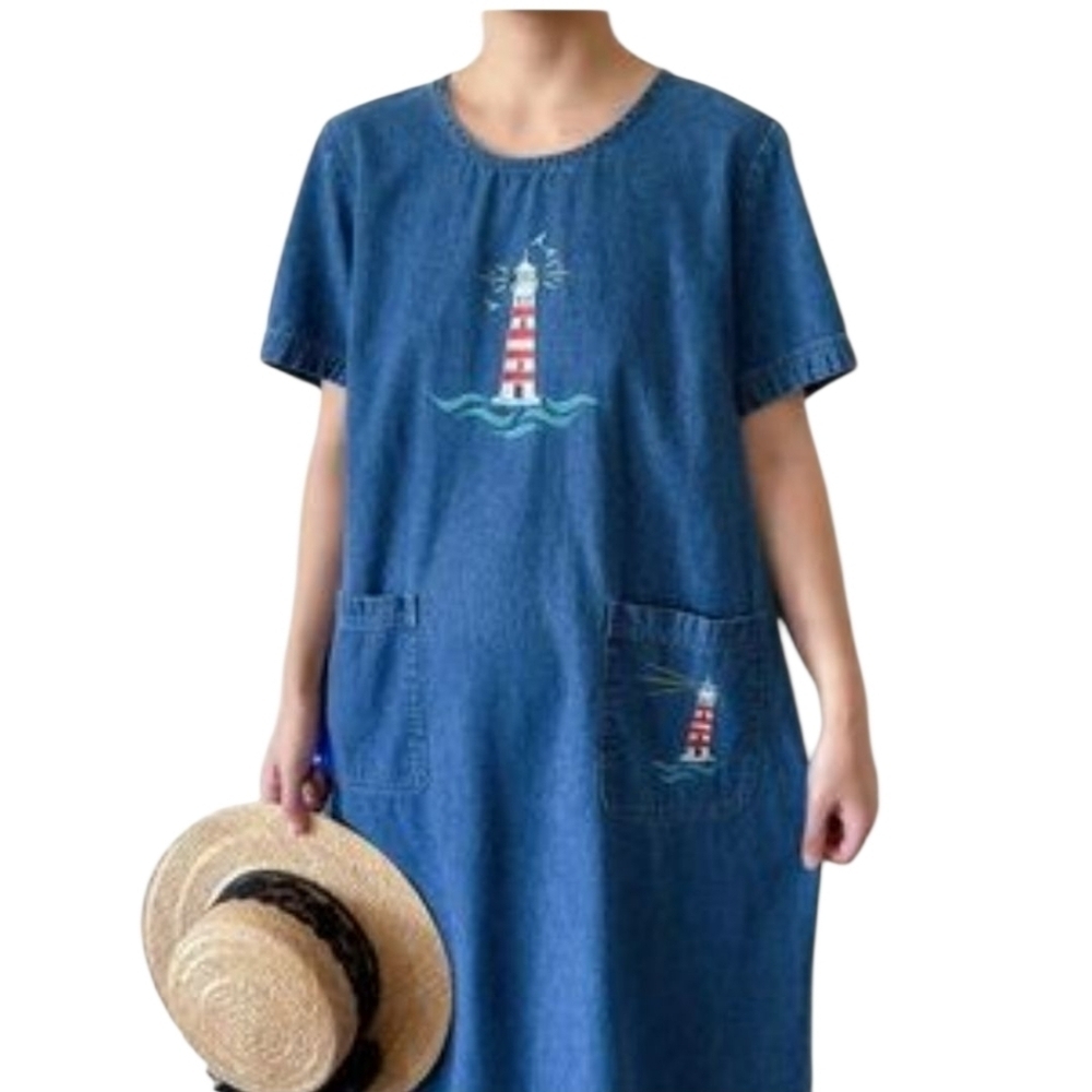 Vintage Y2K Embroidered Light House Cotton Shift Dress Womens XL